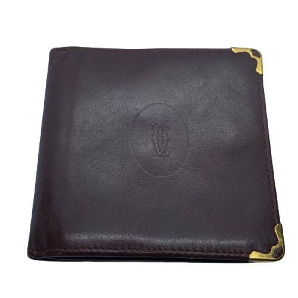 Authentic Must De Cartier Bordeaux Burgundy Leather Simple Bifold Wallet